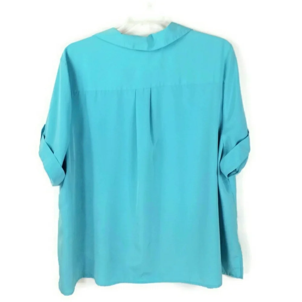 Essentials Blue Button Front Short Cuffed Sleeve Career Blouse Womens 4X - Picture 3 of 13
